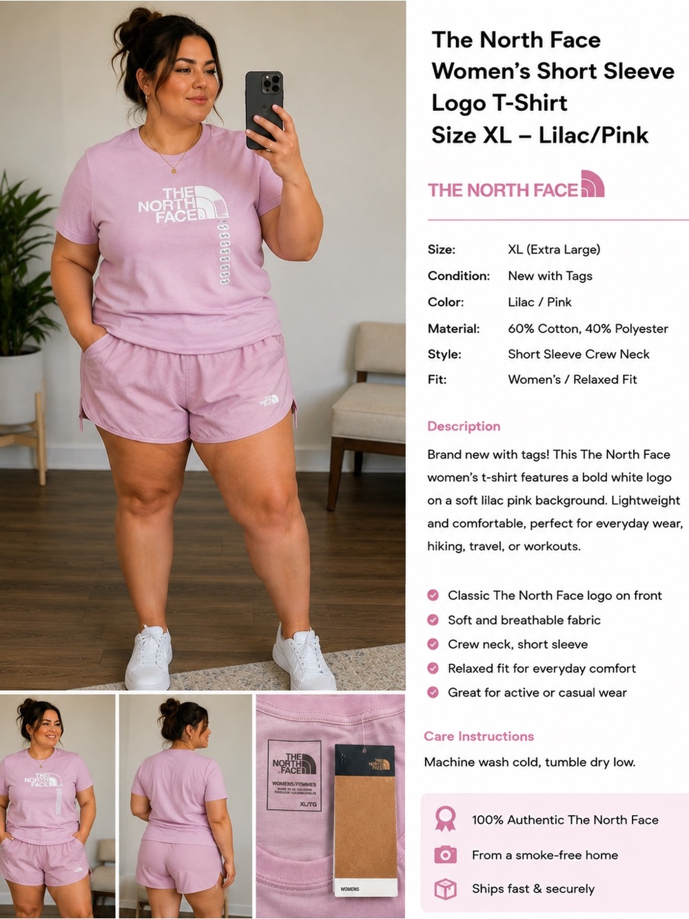 The North Face Lilac/Pink Logo Crewneck Tee with xl women’s shorts